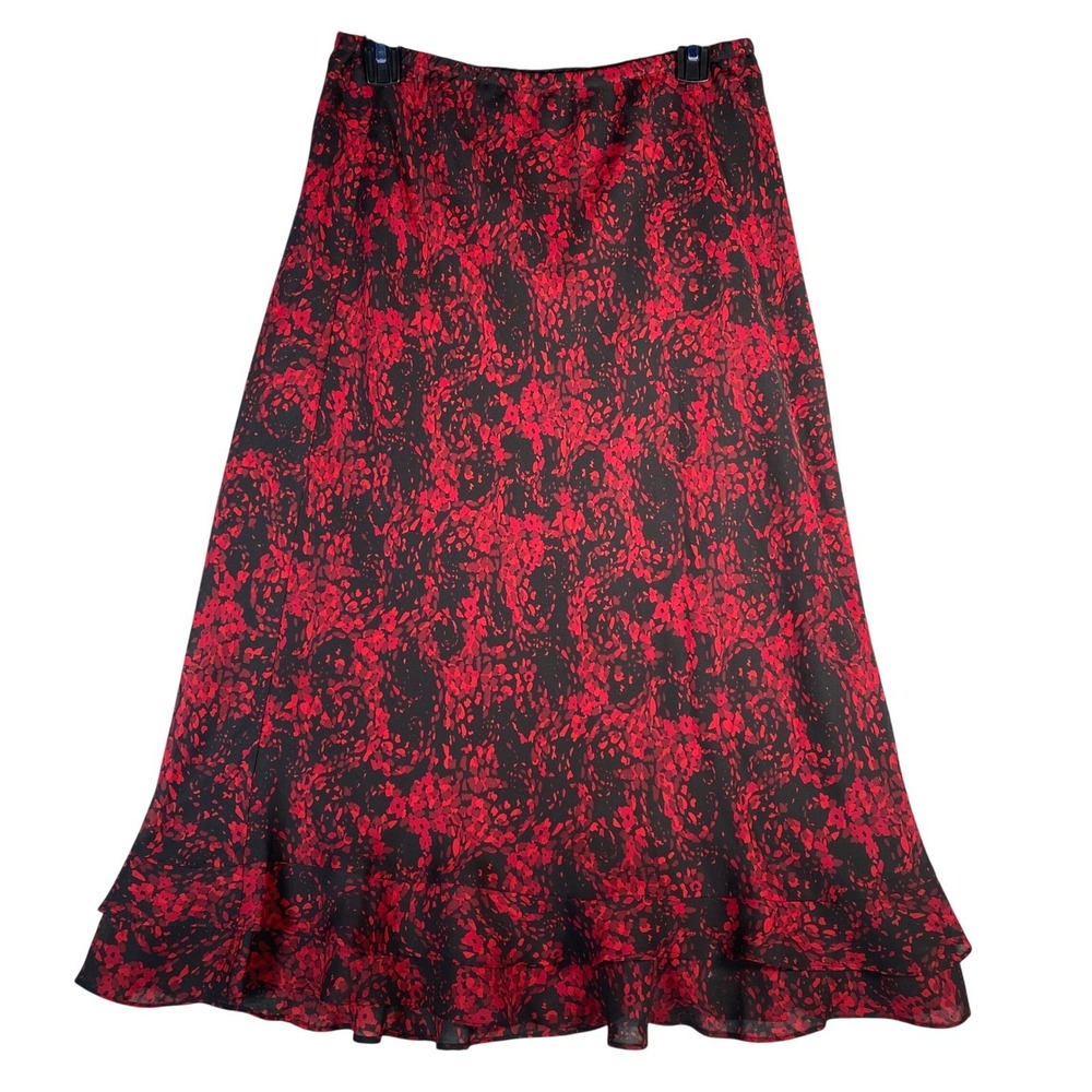 Maxi Skirt Size 14 Bohemian Ruffle Hem Lined Flowy Black Red Floral